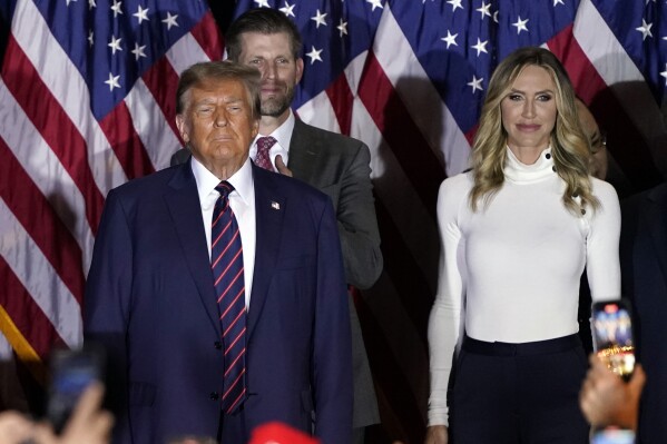 FILE - Republican presidential candidate former President Donald Trump arrives to speak at a primary election night party in Nashua, N.H., Tuesday, Jan. 23, 2024, with Eric and Lara Trump. Trump is calling for a leadership change at the Republican National Committee in an attempt to install a new slate of loyalists — including his daughter-in-law — at the top of the GOP’s political machine even before he formally secures the party’s next presidential nomination. T(AP Photo/Pablo Martinez Monsivais, File)