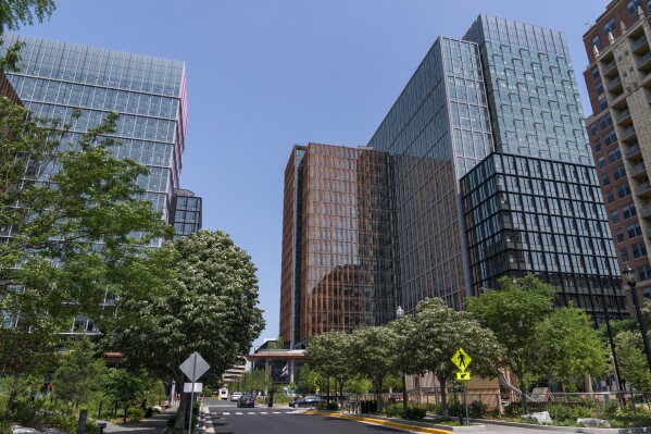 The two buildings comprising Amazon's second headquarters, HQ2, are seen after a grand opening ceremony, in Arlington, Va., Thursday, June 15, 2023, (AP Photo/Jacquelyn Martin)