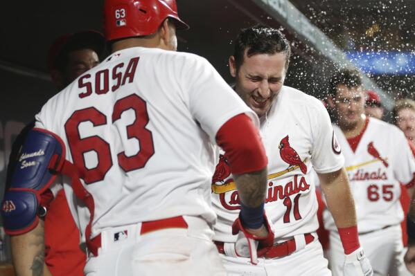 St. Louis Cardinals' Paul DeJong (11) is doused by teammate Edmundo Sosa after hitting a two-run home run in the seventh inning of a baseball game against the Arizona Diamondbacks, Monday, June 28, 2021, in St. Louis. (AP Photo/Tom Gannam)