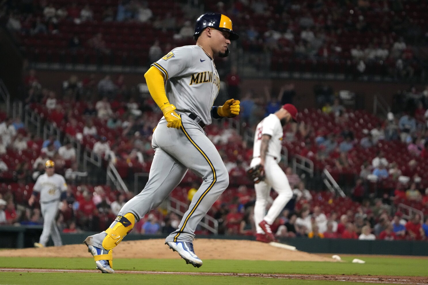 MILWAUKEE, WI - APRIL 07: Milwaukee Brewers catcher William Contreras (24)  watches play during a game between the Milwaukee Brewers and the St. Louis  Cardinals at American Family Field on April 7