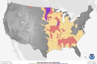 This image provided by the National Oceanic and Atmospheric Administration on Thursday, March 19, 2020 shows their forecast for potential flooding in the U.S. in the spring of 2020. Last year saw record floods in several regions of the country. But this year this annual spring flooding season will not be as severe or prolonged as in 2019, scientists said Thursday. (NOAA via AP)