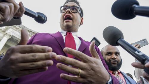 FILE — Rep. George Santos, R-N.Y., speaks to reporters outside after an effort to expel him from the House, at the Capitol in Washington, May 17, 2023. A federal magistrate ruled Tuesday, June 6, 2023, to make public the names of the cosigners on indicted Rep. George Santos' $500,000 release bond, but said she'll keep them secret for now to give his lawyer time to appeal the decision. (AP Photo/J. Scott Applewhite, File)