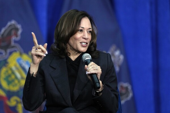 FILE - Vice President Kamala Harris speaks during a campaign event in Elkins Park, Pa., May 8, 2024. Harris spent part of a Tuesday, June 4 episode of "Jimmy Kimmel Live!" rehashing how she found out about former president Donald Trump's conviction on 34 felony counts in his criminal hush money trial. (AP Photo/Matt Rourke, File)