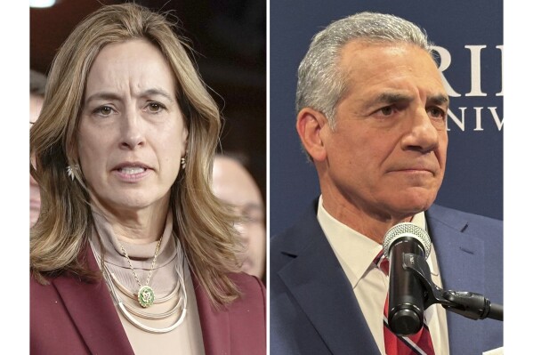 In this photo combo Rep. Mikie Sherrill, D-N.J., left, speaking during a news conference, Feb. 13, 2024, in Washington and former Assemblyman Jack Ciattarelli speaking, Feb. 4, 2025, at Rider University in Lawrenceville, N.J. (AP Photo/Mariam Zuhaib, Mike Catalini, file)