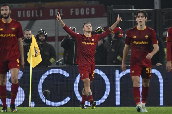 Roma's Paulo Dybala celebrates after scoring a goal during the Italian Serie A soccer match between AS Roma and Fiorentina, at the Olympic Stadium, in Rome, Sunday, Jan. 15, 2023. (Fabrizio Corradetti/LaPresse via AP)