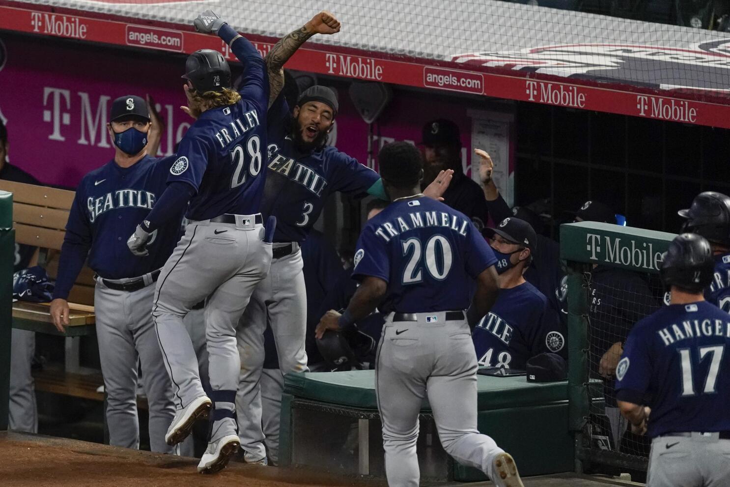 Kyle Seager of the Seattle Mariners reacts in the dugout during