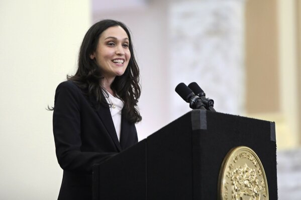 In this photo, provided by the New Jersey Governor's Office, Rachel Wainer Apter, who was nominated by Gov. Phil Murphy to be an associate justice of the state Supreme Court, speaks in the Ruth Bader Ginsburg Hall, at Rutgers University-Newark, Monday, March 15, 2021. (Edwin J. Torres/ New Jersey Governor's Office via AP)