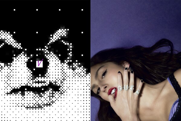 This combination of photos shows cover art for "Layover" by V, left, and "Guts" by Olivia Rodrigo. (BigHit Music/via AP, left, and Geffen via AP))