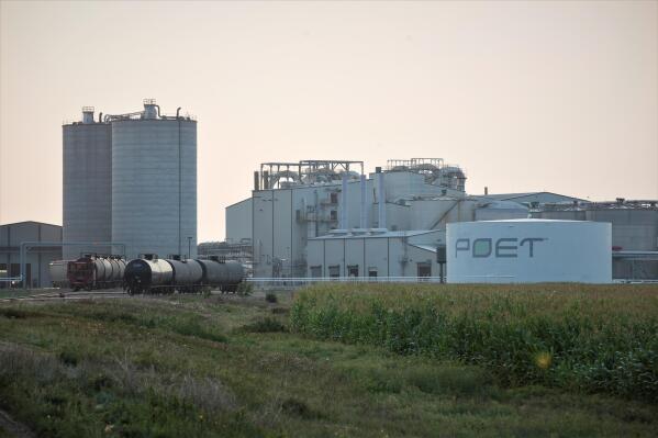 Project developers plan to build carbon capture pipelines connecting dozens of Midwestern ethanol refineries. Poet, the country's largest producer of biofuels, operates this refinery in Chancellor, South Dakota, shown on Thursday, July 22, 2021. The company has not indicated whether it will connect its ethanol refineries to the carbon capture pipelines. (AP Photo/Stephen Groves)