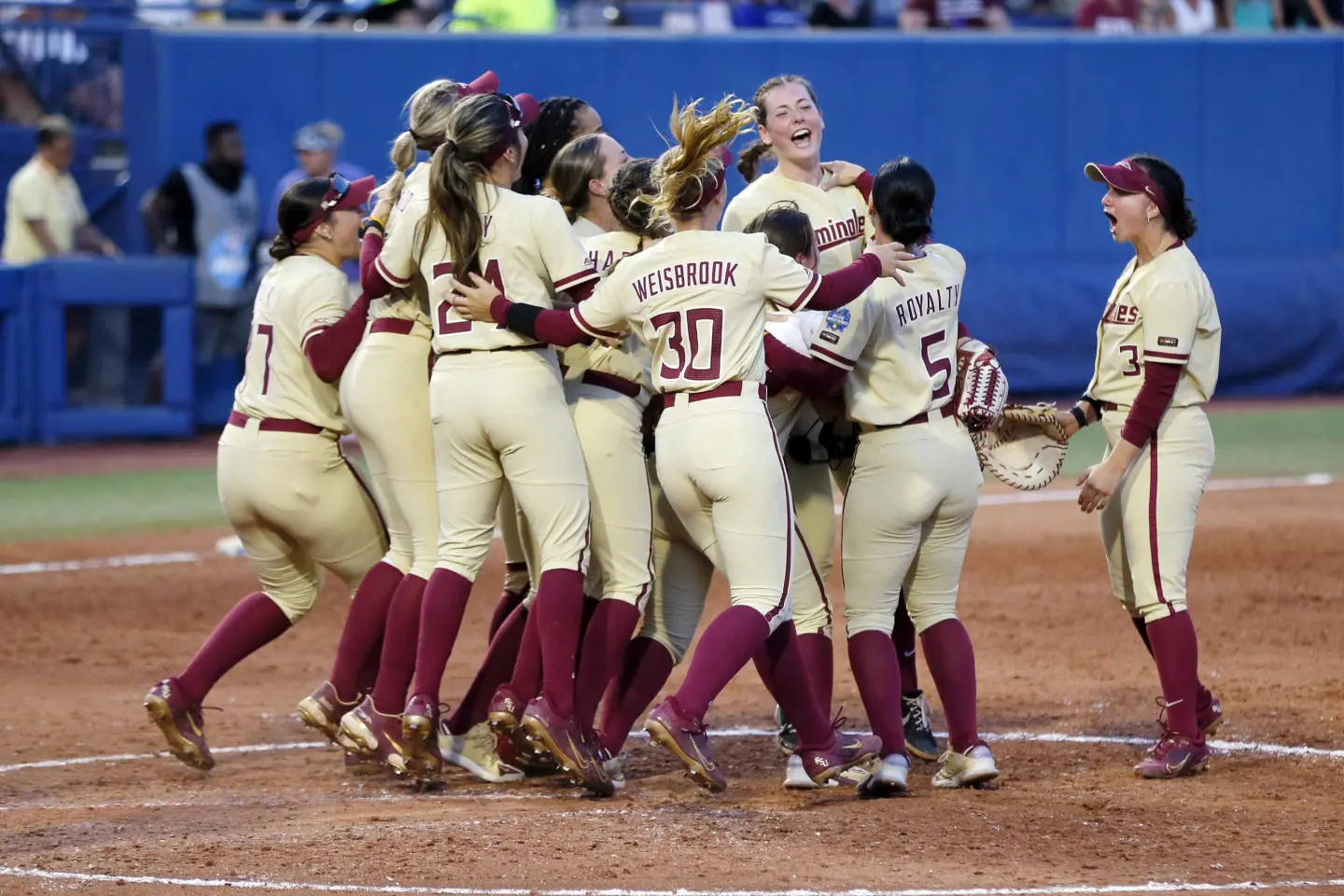 Florida State celebrates after a win over Tennessee after an NCAA softball Women’s College World Series game Monday, June 5, 2023, in Oklahoma City. (AP Photo/Nate Billings)