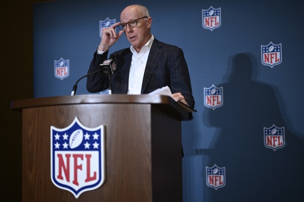 Rich McKay, Atlanta Falcons CEO and Competition Committee Chairman, addresses reporters about rules changes at the NFL owners meetings, Monday, March 25, 2024, in Orlando, Fla. (AP Photo/Phelan M. Ebenhack)