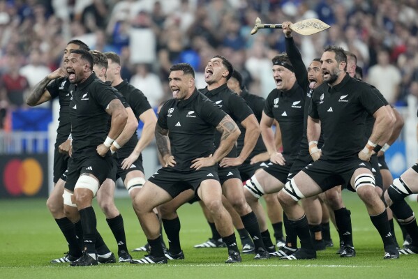 New Zealand perform the Haka before the Rugby World Cup Pool A match between France and New Zealand at the Stade de France in Saint-Denis, north of Paris, Friday, Sept. 8, 2023. (AP Photo/Christophe Ena)