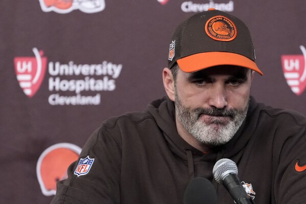 Cleveland Browns head coach Kevin Stefanski speaks during a news conference after their 45-14 loss against the Houston Texans in an NFL wild-card playoff football game Saturday, Jan. 13, 2024, in Houston. (AP Photo/David J. Phillip)