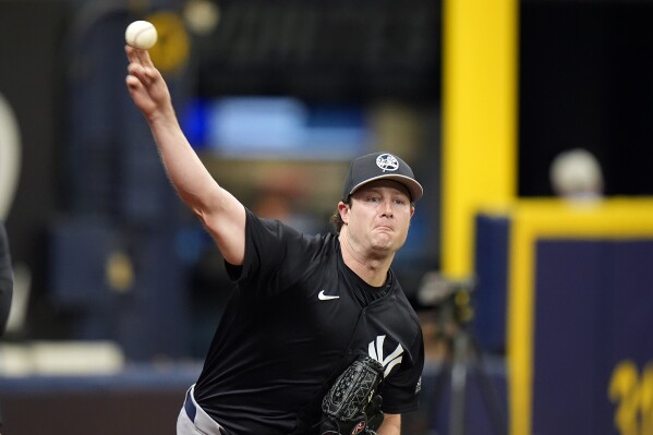 New York Yankees pitcher Gerrit Cole throws a bullpen session before a baseball game against the Tampa Bay Rays, Saturday, May 11, 2024, in St. Petersburg, Fla. (AP Photo/Chris O'Meara)