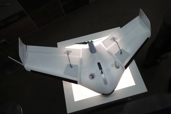 A drone named Oskar by French manufacturer Delair is displayed at the Paris Air Show Tuesday, June 17, 2025 in Le Bourget, north of Paris. (AP Photo/Thibault Camus)