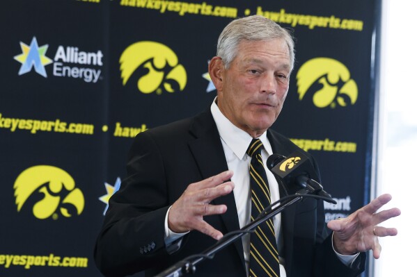 Iowa coach Kirk Ferentz answers a question during the NCAA college football team's media day Friday, Aug. 11, 2023, in Iowa City, Iowa. (Jim Slosiarek/The Gazette via AP)