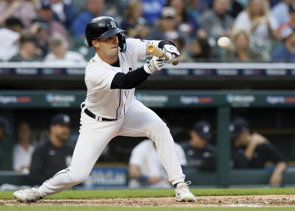 Detroit Tigers' Matt Vierling plays during the first inning of a