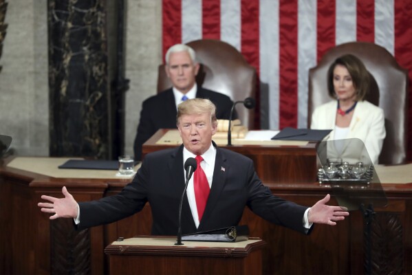 President Donald Trump delivers his State of the Union address to a joint session of Congress on Capitol Hill in Washington, as Vice President Mike Pence and Speaker of the House Nancy Pelosi, D-Calif., watch, Feb. 5, 2019. (AP Photo/Andrew Harnik, File)