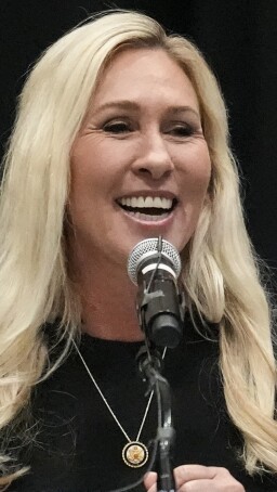 Rep. Marjorie Taylor Greene, R-Ga., speaks during a town-hall style meeting, Tuesday, April 15, 2025, in Acworth, Ga. (AP Photo/Mike Stewart)