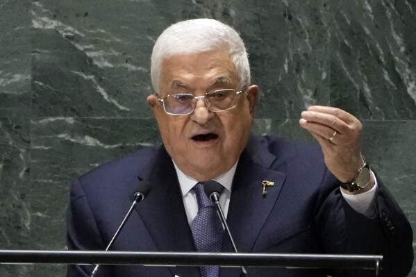 Palestinian President Mahmoud Abbas addresses the 78th session of the United Nations General Assembly, Thursday, Sept. 21, 2023. (AP Photo/Richard Drew)