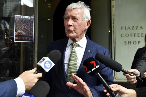 Bernard Collaery, lawyer for Alexander Csergo, speaks to media outside the Downing Centre Local Court in Sydney, Monday, April 17, 2023. Csergo was refused bail when he appeared from prison by video link charged with one count of reckless foreign interference. (Bianca De Marchi/AAP Image via AP)