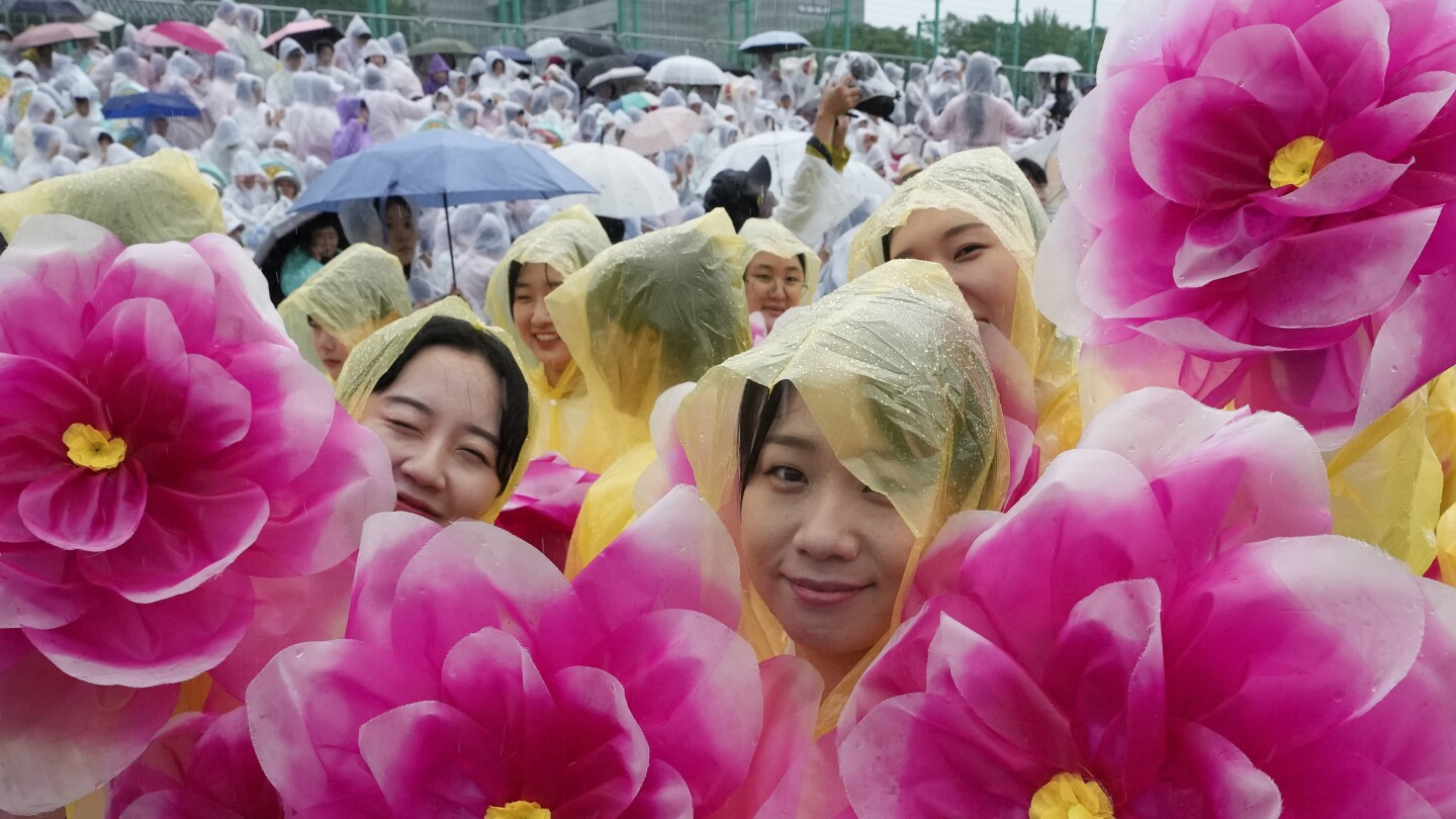 СЕУЛ Южна Корея AP — Държейки чадъри и розови хартиени