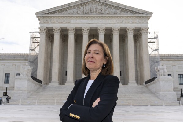Attorney Lisa Blatt, of Williams & Connolly LLP, poses for a photograph in front of the Supreme Court, Monday, April 8, 2024, in Washington. Blatt will argue her 50th case before the Supreme Court later this month. She will have argued more cases before the Supreme Court than any other woman. (AP Photo/Alex Brandon)