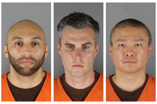 FILE - This Wednesday, June 3, 2020 combination of file photos provided by the Hennepin County Sheriff's Office in Minnesota shows J. Alexander Kueng, from left, Thomas Lane and Tou Thao. When the Minnesota Supreme Court overturned the third-degree murder conviction of Mohamed Noor, a former Minneapolis police officer who shot and killed a 911 caller, questions were raised about how it might affect three former officers charged in George Floyd’s death. (Hennepin County Sheriff's Office via AP, File)