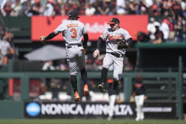 Jorge Mateo of the Baltimore Orioles throws to first base on a ground in  2023