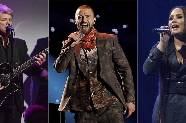 This combination photo shows musician Jon Bon Jovi performing at the Samsung Charity Gala in New York, Nov. 2, 2017, from left, Justin Timberlake performing during halftime of the NFL Super Bowl 52 football game in Minneapolis on Feb. 4, 2018 and Demi Lovato performing in London on June 25, 2018. Bon Jovi, Timberlake and Lovato will perform at a 90-minute primetime TV special celebrating the inauguration of Joe Biden as president of the United States. (AP Photo)