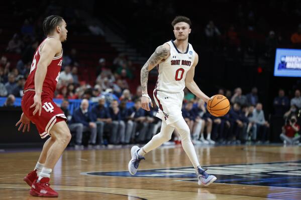 St. Mary's guard Logan Johnson (0) dribbles against Indiana during the first half of a first-round NCAA college basketball tournament game, Thursday, March 17, 2022, in Portland, Ore. (AP Photo/Craig Mitchelldyer)