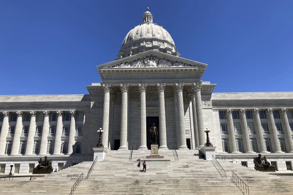 The Missouri Capitol, which is home to the state House and Senate, is shown on Aug. 31, 2023 in Jefferson City. Social media users shared a video they falsely claimed showed two Missouri Republican state senators burning books. The video shows the two lawmakers burning empty cardboard boxes, not books, according to both politicians (AP Photo/David A. Lieb)