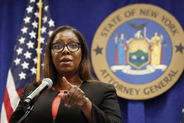 FILE- In this Aug. 6, 2020 file photo, New York Attorney General Letitia James takes a question at a news conference in New York. James is conducting a civil investigation into whether President Donald Trump's company, the Trump Organization, lied about the value of its assets to get loans or tax benefits. (AP Photo/Kathy Willens, File)