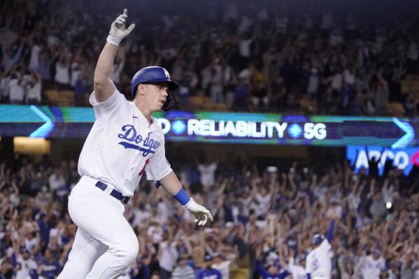 Los Angeles Dodgers catcher Will Smith celebrates his walk off three