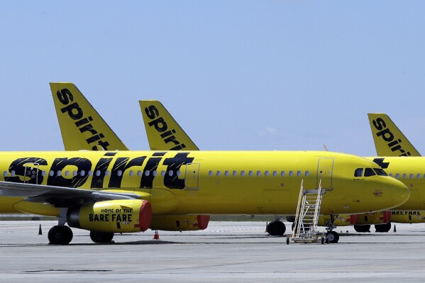 FLE - A line of Spirit Airlines jets sit on the tarmac at the Orlando International Airport on May 20, 2020, in Orlando, Fla. A federal judge is siding with the Biden administration and blocking JetBlue Airways from buying Spirit Airlines, saying the $3.8 billion deal would reduce competition. The Justice Department sued to block the merger, saying it would drive up fares by eliminating Spirit, the nation’s biggest low-cost airline. (AP Photo/Chris O'Meara, File)