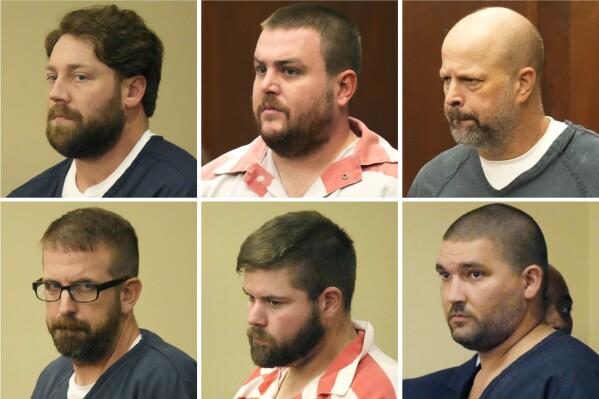 FILE - This combination of photos shows, from top left, former Rankin County sheriff's deputies Hunter Elward, Christian Dedmon, Brett McAlpin, Jeffrey Middleton, Daniel Opdyke and former Richland police officer Joshua Hartfield appearing at the Rankin County Circuit Court in Brandon, Miss., Monday, Aug. 14, 2023. The six former Mississippi law enforcement officers who pleaded guilty to a long list of state and federal charges for torturing two Black men will be sentenced by a state judge Wednesday, April 10, 2024. (AP Photo/Rogelio V. Solis, File)