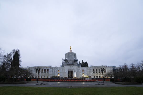 FILE - The capitol is seen on the first day of the legislative session at the Oregon state Capitol, Monday, Feb. 5, 2024, in Salem, Ore. Oregon's whirlwind 35-day legislative session ended Thursday night, a couple days ahead of schedule. This year lawmakers focused on housing and drugs as the two main priorities. (AP Photo/Jenny Kane, File)