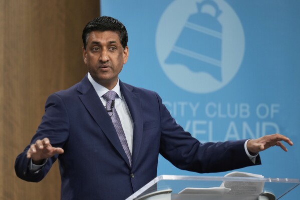 U.S. Rep. Ro Khanna (D-CA) speaks to the City Club of Cleveland, in Cleveland, Monday, April 14, 2025. (AP Photo/Sue Ogrocki)