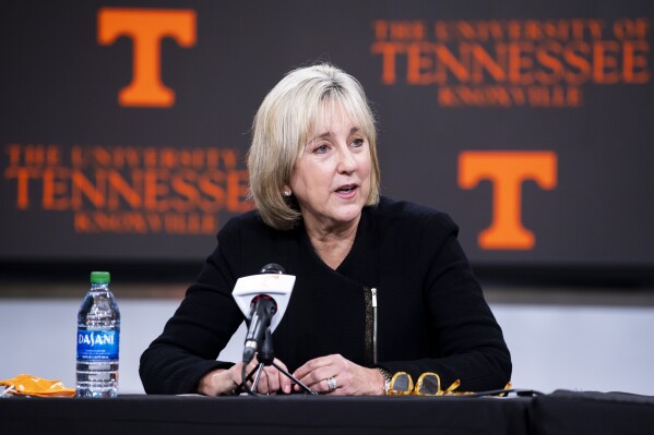 FILE - University of Tennessee Chancellor Donde Plowman speaks during a press conference in Knoxville, Tenn., Monday, Jan. 18, 2021. Plowman told the NCAA president that allegations Tennessee violated rules overseeing name, image and likeness are “factually untrue and procedurally flawed," in a letter released Tuesday, Jan. 30, 2024, by the university. (Brianna Paciorka/Knoxville News Sentinel via AP, File)