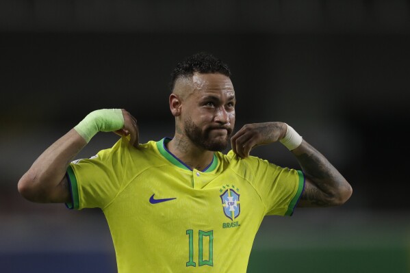 Brazil's Neymar celebrates scoring his side's 5th goal against Bolivia during a qualifying soccer match for the FIFA World Cup 2026 at Mangueirao stadium in Belem, Brazil, Friday, Sept. 8, 2023. (AP Photo/Bruna Prado)