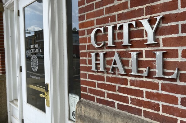 This Aug. 3, 2023 photo shows Circleville City Hall in Circleville, Ohio. In July, the K-9 program at the Circleville Police Department found itself under much greater scrutiny after police body and dash cameras recorded a police officer’s Belgian Malicious attacking a Black, kneeling trucker as he was surrendering alongside a highway with his hands up. (AP Photo/Patrick Orsagos)
