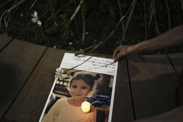 A photo of 5-year-old Palestinian girl Naya Kareem, who was killed during the Israel-Hamas war in Gaza, is displayed during a protest calling for an end to the war, in Tel Aviv, Israel, on Saturday, May 17, 2025. (AP Photo/Maya Alleruzzo)