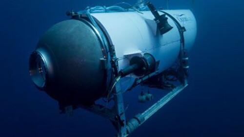 FILE - This undated photo provided by OceanGate Expeditions in June 2021 shows the submersible Titan.  Rescuers are racing against time to find the missing submarine with five people on board, reportedly overdue Sunday night.  (OceanGate trips via AP, file)