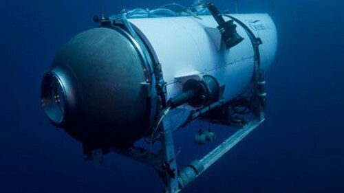 FILE - This undated photo provided by OceanGate Expeditions in June 2021 shows the submersible Titan.  Rescuers are racing against time to find the missing submarine with five people on board, reportedly overdue Sunday night.  (OceanGate Trips via AP, file)