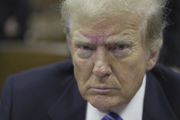Former President Donald Trump sits in Manhattan criminal court, Monday, May 13, 2024, in New York. (Mark Peterson/New York Magazine via AP, Pool)