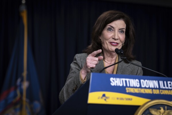 New York Gov. Kathy Hochul speaks at a press conference regarding the proliferation of illegal cannabis stores, Wednesday, Feb. 28, 2024, in New York. Unable to reign in illegal cannabis shops in New York, the state's governor is asking digital mapping and search companies to hide or relabel the many illegal shops. (AP Photo/Stefan Jeremiah)