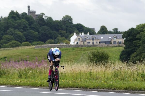 United States' Chloe Dygert competes in the Women's Elite Individual Time Trial on day eight of the 2023 UCI Cycling World Championships in Stirling, Scotland, Thursday Aug. 10, 2023. (Jane Barlow/PA via AP)