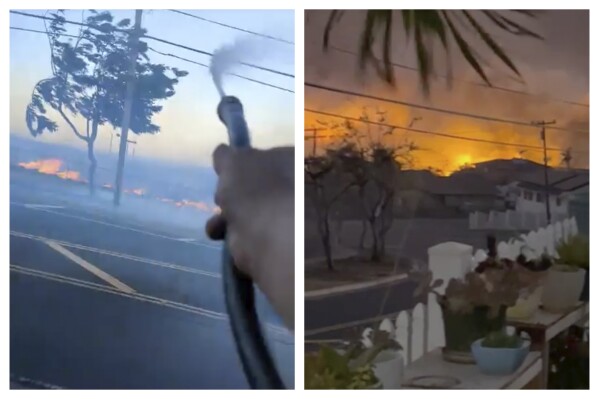 This combination of images from video made by neighbors Shane Treu, left, and Robert Arconado on Aug. 8, 2023 shows fires outside their homes on the Hawaiian island of Maui. Treu used a garden hose to spray water during fires caused by snapped electrical cables falling to the dry grass below and quickly igniting a row of flames. (Shane Treu, Robert Arconado via AP)