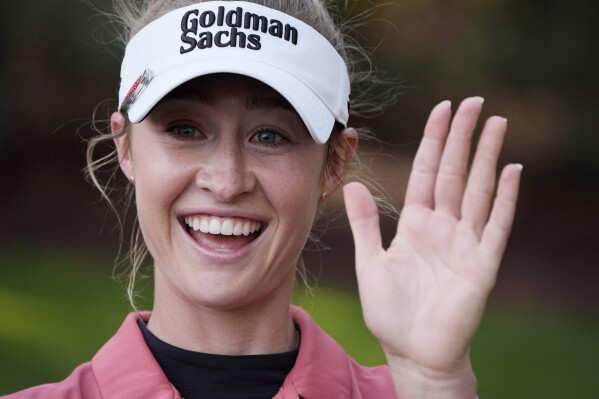 Nelly Korda reacts after winning the LPGA T-Mobile Match Play golf tournament Sunday, April 7, 2024, in North Las Vegas, Nev. (AP Photo/John Locher)