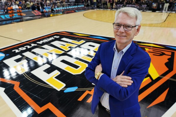 CBS Sports Chairman Sean McManus poses for a photo before a Final Four college basketball game in the men's NCAA Tournament, Saturday, April 6, 2024, in Glendale, Ariz. McManus is retiring after The Masters golf tournament. (AP Photo/David J. Phillip)